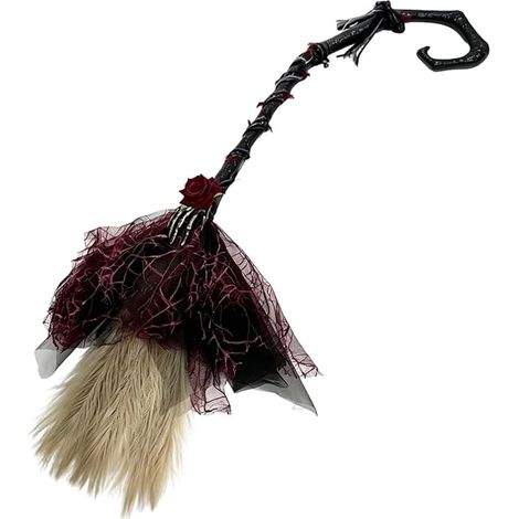 Balai de sorcière gothique avec rose et squelette pour Halloween – Pour enfants et adultes (1/4)