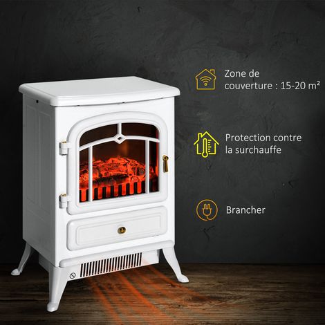 Poêle électrique rétro blanc 1850W thermostat effet flamme LED réaliste sécurité surchauffe idéal salon chambre ambiance cosy (1/5)