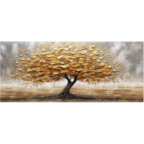 Lupia - Quadro moderno Canvas Prime TREE LEAVES GOLD 38x90 cm, Stampa su Tela effetto Pennellate tridimensionale, Albero della Vita, Telaio in Legno, soggiorno capezzale camera da letto ufficio