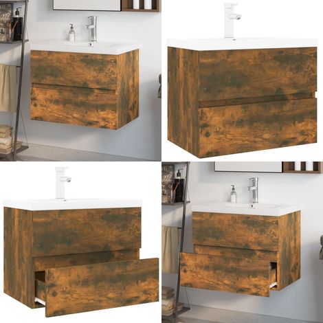 Meuble lavabo avec bassin intégré Chêne fumé Bois d'ingénierie - Armoire de lavabo - Vasque encastrée (1/5)
