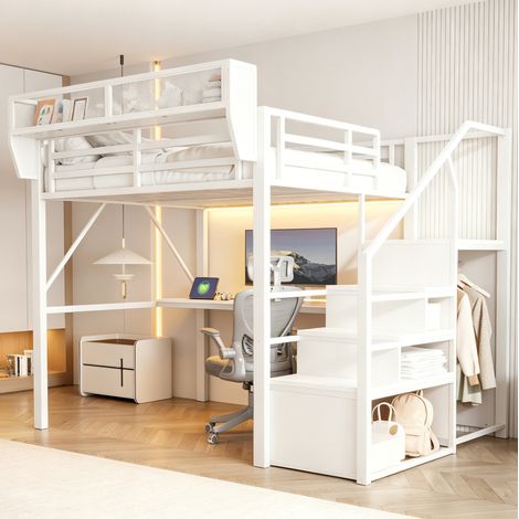 Hochbett 140 x 200 cm mit Schreibtisch, LED, Sicherheitsleiter und Stauraum, weiß HAVRYA (1/5)