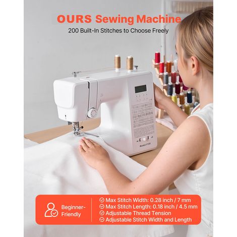 Machine à coudre électronique 200 points, écran LCD, pédale et lampe LED, châssis métallique robuste, moteur puissant pour couture et reprise (1/5)