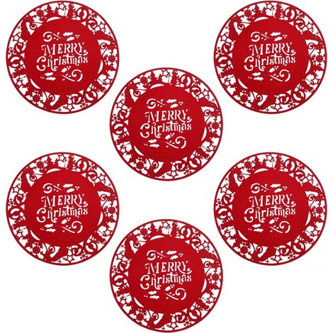 Set 6 Sottopiatti Natalizi in Feltro Rosso con Scritta Merry Christmas 35 cm con Intagli Pupazzo Neve Albero Stellettopiatti