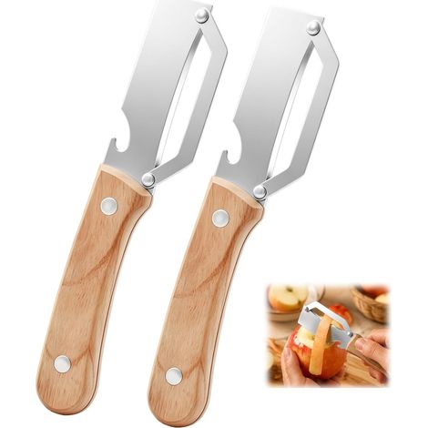 Set aus 2 multifunktionalen 2-in-1-Gemüseschälern mit ultrascharfer Edelstahlklinge, ergonomischem, rutschfestem Holzgriff und integriertem Flaschenöffner, für Kartoffeln, Äpfel (1/5)