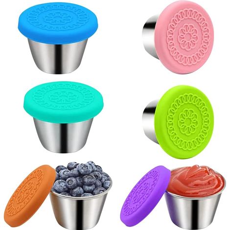 Conteneur à Vinaigrette en Acier Inoxydable, 6 PCS Mini Tasses à Sauce avec Couvercles en Silicone, Mini Récipients de Stockage de Nourriture Etanches pour Sauce (1/5)