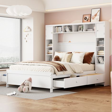 Bettgestell 140x200 cm aus Massivholz weiß, mit 4 Schubladen, seitlichem Stauraum und Lattenrost (1/5)
