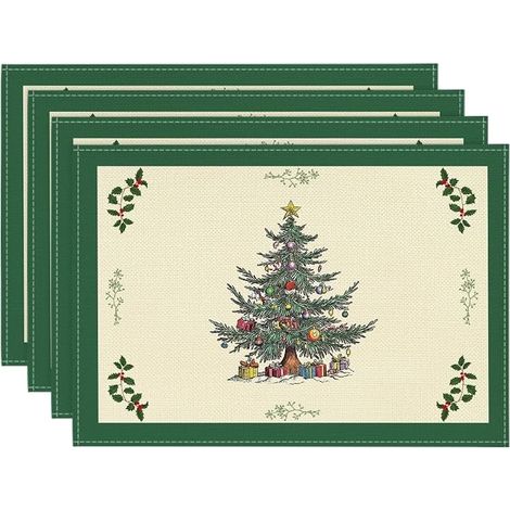 Napperons d'hiver à pins de Noël, lot de 4, tapis de table de Noël de 12 x 18 pouces pour chemin de table, fête, cuisine et décoration de salle à manger. (1/4)