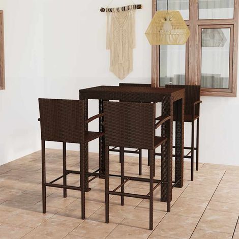 Ensemble Table de bar + 4 Chaises de bar de jardin - Table Haute avec 4 Tabourets avec accoudoirs Résine tressée Marron BV128099 - BonneVie (1/5)