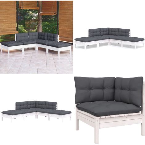 Salon de jardin 5 pcs avec coussins blanc bois de pin - Ensemble Salon De Jardin - Salon De Jardin En Bois - Mobilier De Jardin - Meubles De Jardin - Set Salon De Jardin - Home & Living (1/5)