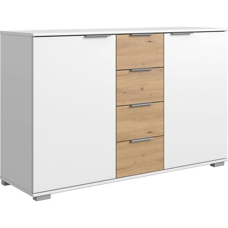 Commode/meuble de rangement coloris blanc/imitation chêne artisan - Longueur 130 x Hauteur 90 x Profondeur 41 cm -PEGANE- (1/4)