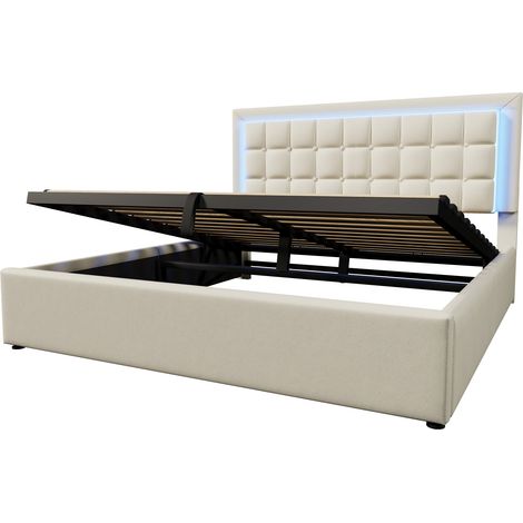 Lit coffre double 180x200 cm avec éclairage LED et sommier à lattes, revêtement en cuir synthétique blanc, sans matelas (1/5)