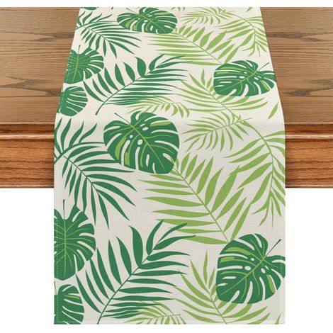 Chemin de Table Vert Sauge en Lin Été Printemps 40x140 cm Table Runner Tropical Feuille Moderne Rustique de Ferme Décoration de Cuisine pour Salle à Manger Décoration d'Intérieur Mariage (1/5)