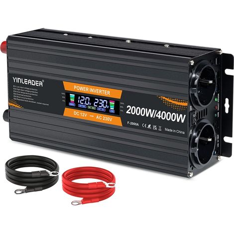 Convertisseur 12V 220V 2000W /4000W Convertisseur de Puissance Ecran LCD 2 Prises AC pour Panneau Solaire Voiture VR (1/5)