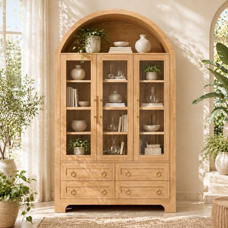 Buffet vitrine 110x40x185 cm PB/MDF naturel, 3 portes vitrées, rangement, gain de place – MEUBLIV (1/5)