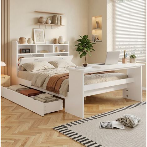 Cama 140x200 cm con almacenaje, cabecero con estante, cajón y mesa abatible DESVIAE (1/5)