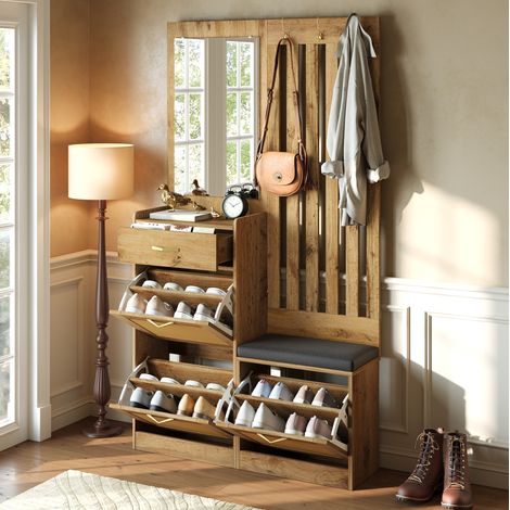 Appendiabiti da ingresso con specchio, panca e scarpiera, 99,5x26x180 cm, MDF naturale (1/5)