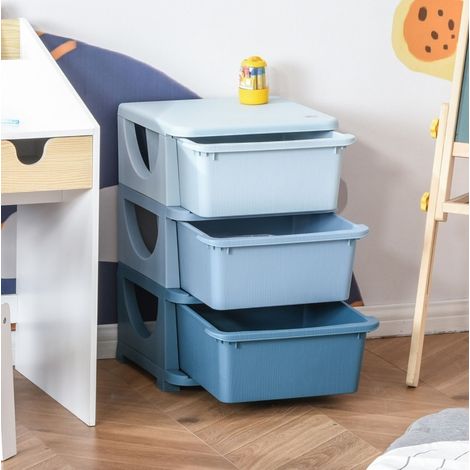 Cajonera infantil (37x37x56.5 cm), 3 cajones extraíbles, asiento, plástico azul (1/5)