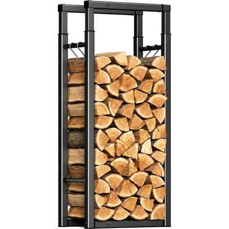 Porte Bûches Télescopique Étagère à Bois de cheminée Ajustable avec 4 Crochets Stockage à Bois de Chauffage pour Intérieur et Extérieur 100x65x25cm Noir (1/5)