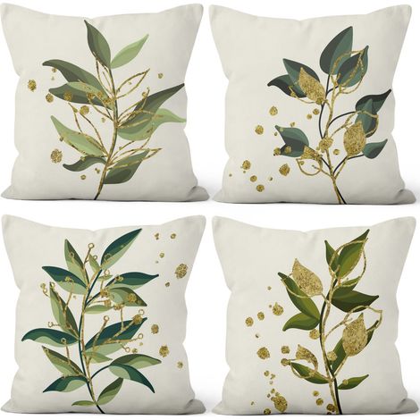 Housse Coussin Eucalyptus, Taie Oreiller Vert et Or Feuillage Verte Housse de Coussin Décoratives Taie d'oreiller de Canapé Housse De Coussin carré pour Lit Voiture Maison, Lot de 4, 40x40cm (1/5)