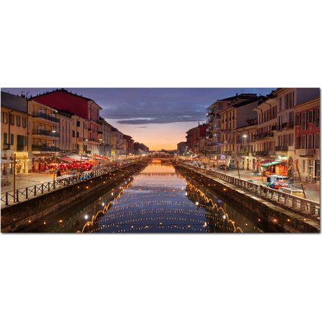 Lupia - Quadro moderno su Tela Canvas DEEP 65X143 cm, con paesaggi e localismi italiani, per casa, soggiorno, capezzale camera da letto, hotel, ufficio, MILANO - NAVIGLIO TWILIGHT (1/4)