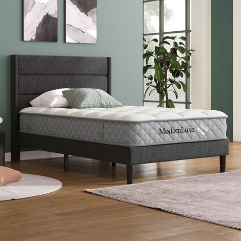 Lit capitonné 90x200, design moderne lit une personne, tête de lit capitonnée, revêtement lin gris, sommier inclus, matelas inclus (1/5)