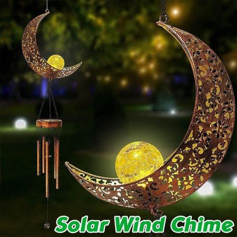 1 carillon éolien solaire, lune design en fer et verre, lumière LED nocturne, décoration extérieure pour jardin et patio (1/4)