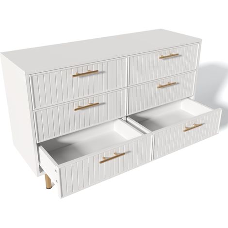 Kommode mit 6 Schubladen mit Metallgestell und Goldgriffen, Geriffelte Fronten, aus Spanplatte, Weiß, 120×40×75 cm (1/5)