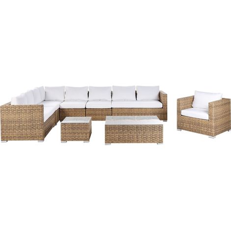 Lounge Set mit Tisch 8-Sitzer XXL rechtsseitig modular Polyrattan Hellbraun