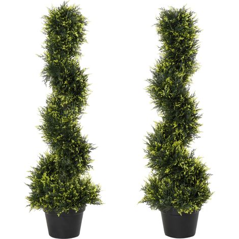 Lot de 2 cèdres artificiels spirale 90 cm avec pot en plastique noir pour décoration intérieure et extérieure (1/5)