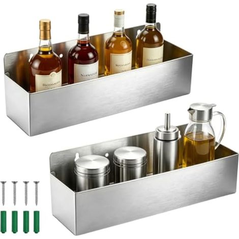 Range Bouteille, 2 Pièces Porte Bouteilles en Acier Inoxydable 38 x 10 x 13 cm Porte Bouteille avec Trous Pré-Percés et Vis Rangement Bouteilles Mural pour Cuisine Bar et Salle à Manger (1/4)