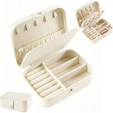 Boîte à bijoux - Organisateur de bijoux - Boîte à bijoux - Organisateur de voyage - Cuir PU - Bijoux non inclus - 16 cm x 11,5 cm x 5 cm - Blanc - Convient pour boucles d'oreilles, bagues, colliers et (1/5)