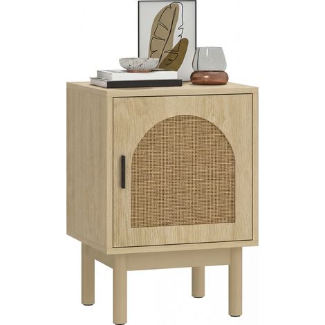 HOMCOM Boho Bedside Table with Rattan Door and Adjustable Shelf, Natural