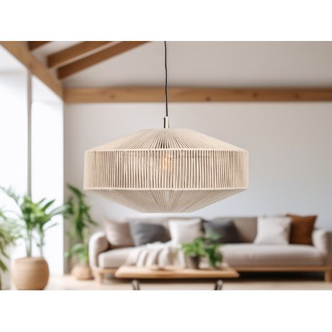 Große Boho Pendelleuchte SVEA Lampenschirm aus Baumwolle Beige, Ø 61cm