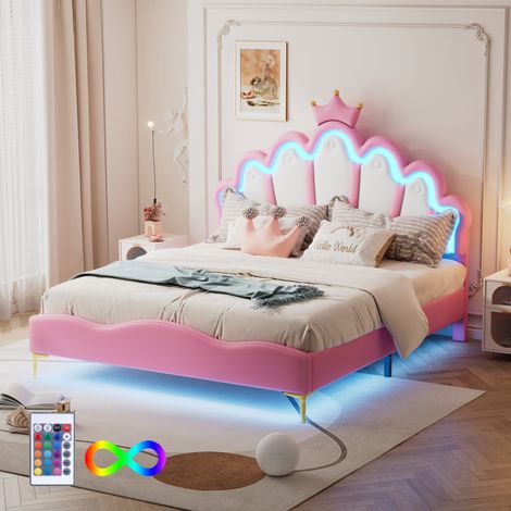 Cama infantil, cama adulto de 140 x 200 cm con banda luminosa LED, de piel PU, rosa (1/5)