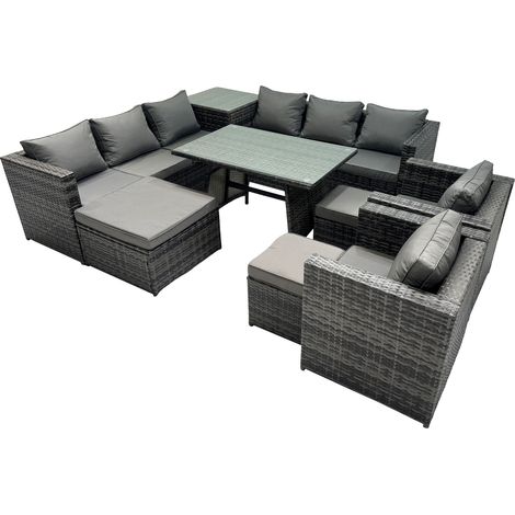 Fimous Outdoor Corner Sofa Chair Dining Table Set Garden Rattan Furniture Set 11 Seater with 3 Stool Side Table Dark Grey (1/5)