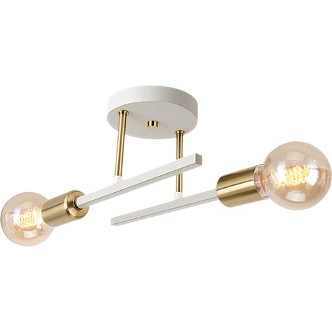 Industrielle Plafonnier 2 Douilles E27 Lampe de Plafond Moderne en Métal Lampe Intérieur pour Salon Chambre Porche Blanc et Cuivre (1/5)