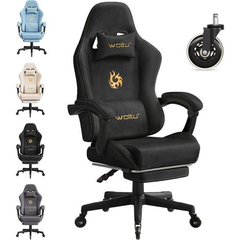 WOLTU Silla gaming - Silla gaming - Silla ergonómica de oficina - Altura regulable - Soporte lumbar y reposapiés - Negro