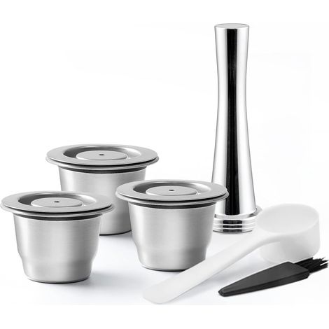 Lot de 3 dosettes réutilisables en acier inoxydable pour Nespresso, avec presse à café. (1/5)