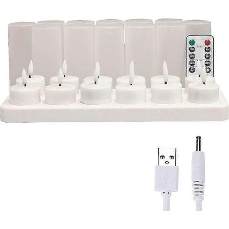 Bougies sans flamme avec base de chargement, minuterie et télécommande, lot de 12 bougies chauffe-plat LED rechargeables par USB (1/5)
