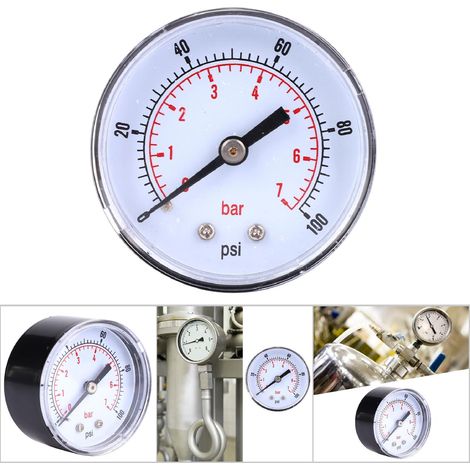 Manomètre à cadran 50 mm raccord arrière 1/8 BSPT pour air eau huile gaz (0-100 PSI 0-7 Bar) (1/5)