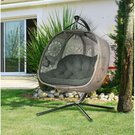 Chaise suspendue 2 places avec support, pliable, avec coussin, tissu floral, structure en métal, pour salon, balcon et jardin, coloris sable - CHICFURN (1/5)
