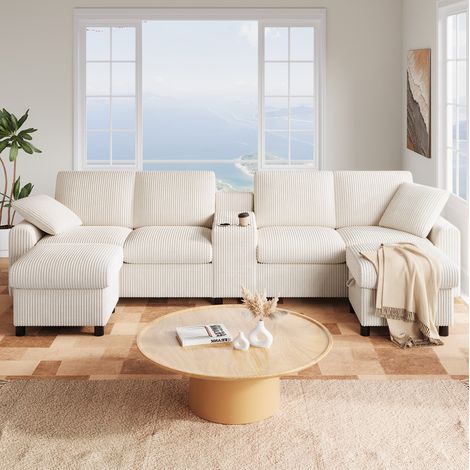 Divano a U in velluto a coste con 2 pouf contenitore, beige DESVIAE (1/5)