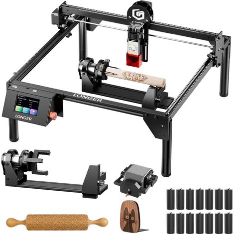 LONGER Incisore Laser 5W con Kit di Assistenza Aria, Macchina CNC per Incisione e Taglio Laser Fai-da-te su Legno, Metallo e Vetro, Area di Lavoro 400 × 400 mm, con Rullo Rotante 3 in 1 (1/5)