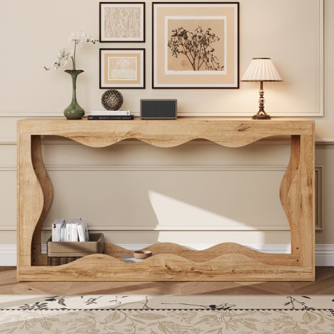 Console Effet Bois à Bord Naturel Ondulé avec Étagère 2 Niveaux, Table d’Appoint pour Salon et Entrée (1/5)