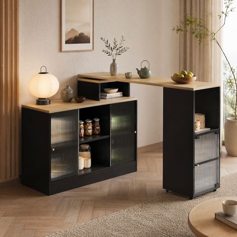 Mesa de bar extensible con almacenaje, 155 x 40 x 90 cm, MDF y vidrio, negro DESVIAE (1/5)