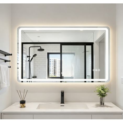 FLASIDU – Beleuchteter Badezimmerspiegel – 100 × 80 cm – Antibeschlagfunktion – Stereoanlage mit zwei Bluetooth-Lautsprechern – Hochwertiges Sicherheitsglas – Dreifarbige, einstellbare Beleuchtung (1/5)