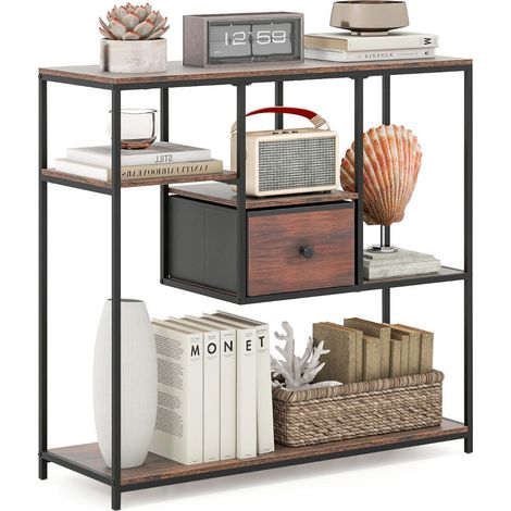 4 étagères ouvertes et 1 tiroir, table console industrielle de rangement pour entrée, couloir ou salon (1/5)