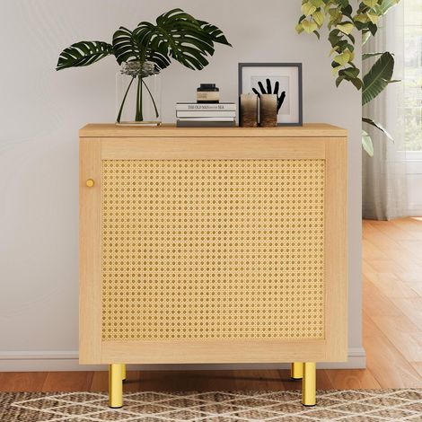 Buffet bas de rangement, L60xP40xH63 cm,Table de chevet design scandinave bohème pour chambre salon, En rotin tressé naturel doré 1 porte, Naturel (1/5)