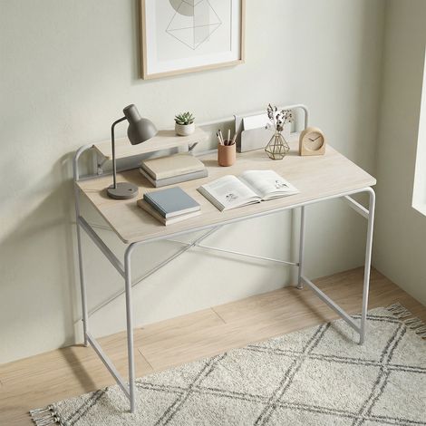 Mesa de Escritorio Moderno con Estante y Estructura de Metal Fácil Montaje 98x48x88,5 cm Roble (1/5)