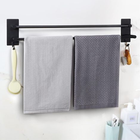 1 - Porte-Serviettes - Acier Inoxydable - Double Étagère avec Crochets - Installation sans Perçage Adhésif - Pour Salle de Bain et Cuisine - Noir - 60x12cm